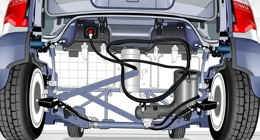 A detailed illustration of a car's rear chassis and wiring harness, highlighting the body position sensor. The sensor should be clearly visible, connected to the wiring, and positioned near the rear of the vehicle. Focus on the electrical connections and the sensor's physical location on the chassis. The image should depict a clean, well-lit automotive repair environment.