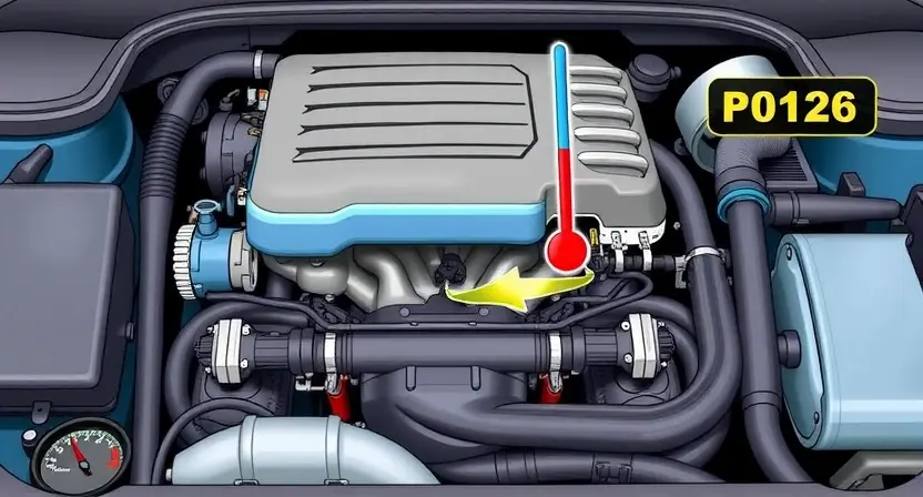 A detailed illustration of a car engine with a focus on the cooling system, showing the thermostat and coolant flow. The engine should be depicted with a slightly lower temperature than normal, indicating the P0126 error code. The image should include visual cues such as a temperature gauge showing a lower reading and a thermostat that is not fully open.