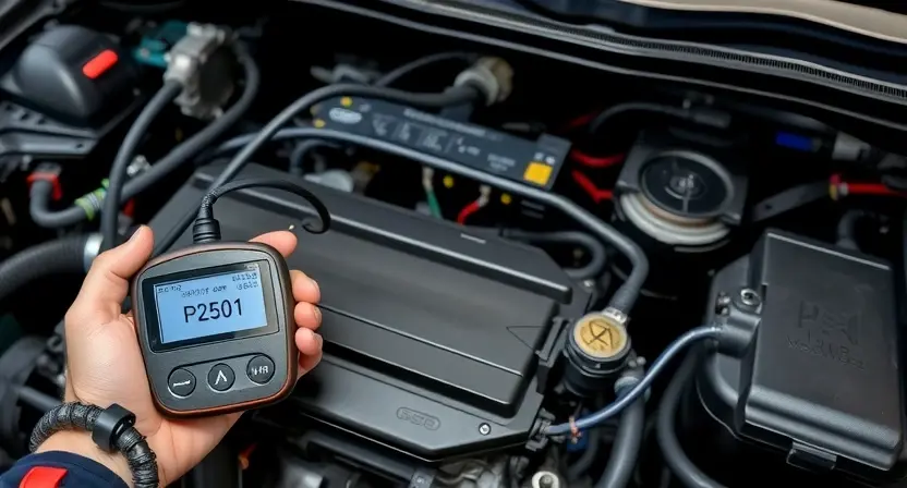 A detailed automotive diagnostic scene showing a car's engine compartment with a mechanic using an OBD-II scanner connected to the vehicle's port, displaying error code P2501 on the scanner screen, with visible wiring harnesses, alternator, and battery in the background, realistic lighting, high detail, no text or labels on the image