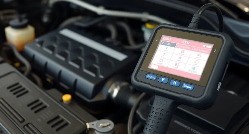 A close-up shot of a car's engine bay with a diagnostic tool connected to the vehicle's computer. Focus on the engine control unit (ECU) and the diagnostic interface. The overall scene should convey a sense of technical inspection and problem-solving.