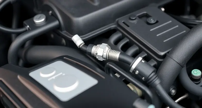 A close-up of a car engine bay with a focus on the engine coolant temperature sensor. The sensor should be clearly visible, along with nearby hoses and wiring. The engine should appear clean and well-maintained.