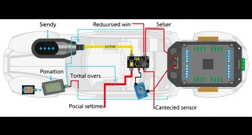 A detailed illustration of a car's body position sensor circuit, highlighting the components involved in the system. The image should show the sensor, wiring, and connections to the car's body and electronic control unit (ECU). The focus should be on the technical aspects, with clear and precise depictions of the components and their arrangement.