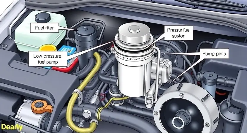 A detailed illustration of a car's fuel system, specifically highlighting the low-pressure fuel pump and associated components. Show the pump, fuel filter, fuel lines, and pressure sensor. The image should be clean and clearly depict the parts involved in a low-pressure fuel system. Focus on the physical components and their arrangement within the engine compartment.