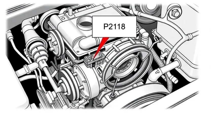 A detailed illustration of an engine's throttle body and associated sensors, highlighting the area related to P2118 error. Focus on the mechanical components and wiring connections. The image should be clean and informative, suitable for a repair manual.