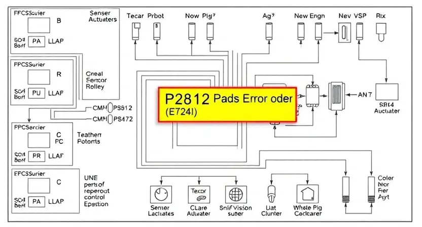 A detailed schematic diagram of an automotive engine control unit (ECU) with a highlighted P2812 error code indicator. The diagram should show the relevant sensors, actuators, and wiring related to the error. Focus on clarity and technical accuracy.