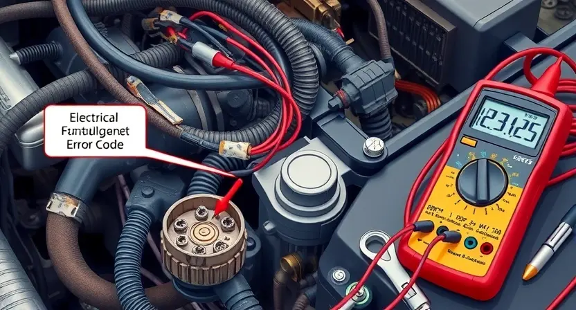A detailed technical illustration showing a car engine wiring harness with visible damaged wires, corroded connectors, and a multimeter testing for continuity, set in a garage environment with tools nearby, emphasizing electrical fault diagnosis related to error code P3425