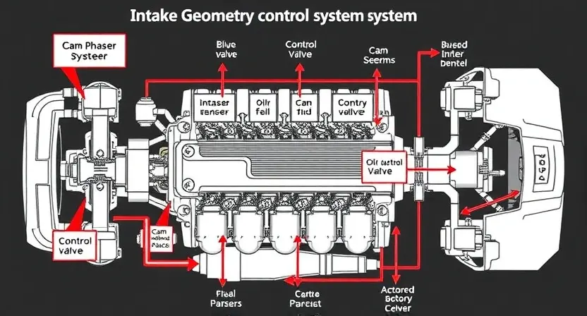 A detailed diagram illustrating the intake geometry control system in a car engine. Highlight the key components like the cam phasers, oil control valve, and associated sensors and actuators. Use clear arrows to show the flow of signals and fluid. Focus on the mechanical and electrical connections. The diagram should be clean, well-organized, and easy to understand, emphasizing the system's architecture.