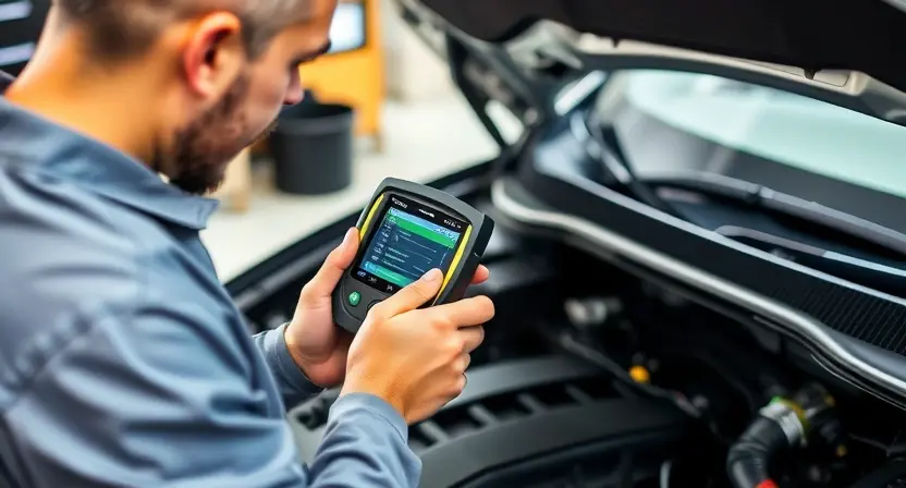 A mechanic using a diagnostic scanner to read data from a car's engine control unit. The car's engine bay is visible, with the mechanic focused on the scanner's display. The scene should be well-lit and professional, emphasizing the technical aspect of the repair.