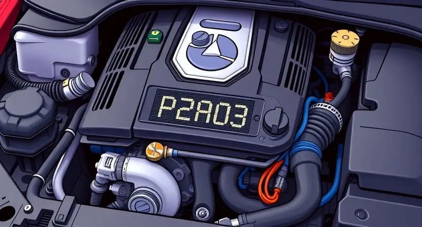 A detailed illustration of a car engine with a highlighted error code P2A03. The engine should be realistically rendered, showing various components like pistons, valves, and sensors. The error code should be clearly displayed on a digital display within the engine bay.