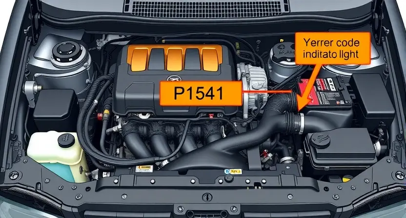 A detailed illustration of a VAZ/Lada car engine bay, highlighting the P1541 error code indicator light. Focus on the diagnostic tools and wiring related to the issue. The engine should be partially disassembled to show relevant components.