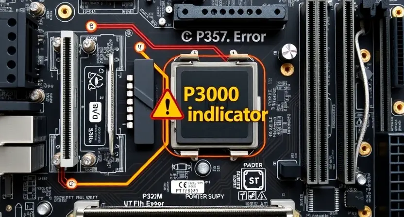 A detailed schematic diagram of a computer motherboard with a highlighted P3000 error indicator. Focus on the components related to power supply and chipset. The image should convey technical accuracy and clarity.