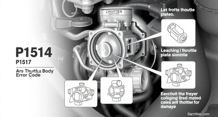 A detailed illustration of a car's throttle body and related components, highlighting potential areas of blockage or damage. Include diagrams showing the position of the throttle plate, vacuum lines, and electrical connectors. Focus on visual representation of the P1514 error code's potential causes.