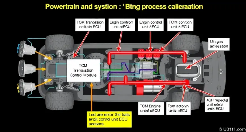 A detailed diagram illustrating a vehicle's powertrain system, specifically highlighting the TCM (Transmission Control Module) and its communication pathway with other components like the engine control unit (ECU) and sensors. Use arrows to show data flow. The diagram should be clean, professional, and easy to understand, focusing on the diagnostic process for a U0101 error.