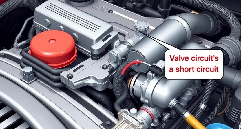 A detailed technical illustration of a car engine valve system, specifically highlighting the front left valve and its associated wiring. The illustration should clearly show the valve, the wiring harness connected to it, and the surrounding engine components. Focus on the area around the valve to demonstrate the potential for a short circuit. Use realistic colors and textures to depict the metal parts, wires, and engine components.