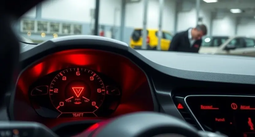 A close‑up of a modern car dashboard displaying a warning light for a longitudinal acceleration sensor fault, with a subtle illustration of the sensor component and a mechanic inspecting the vehicle, all in a realistic style