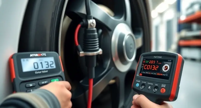 A close-up of a car's wheel speed sensor with diagnostic tools nearby, showing a mechanic checking connections and wiring, with a digital multimeter displaying error code C0182, set in a clean automotive workshop environment, soft natural lighting, high detail, realistic style
