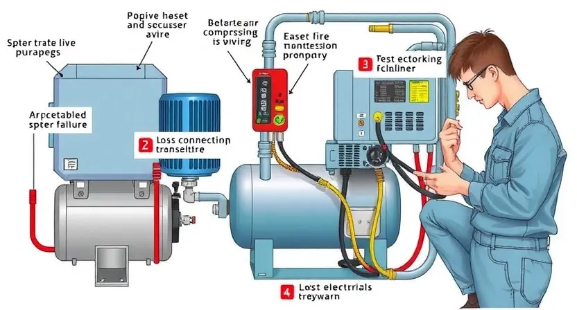 A detailed illustration of an air compressor system. Focus on the compressor unit, hoses, and electrical connections. Highlight potential points of failure like loose connections or damaged wiring. Show a technician inspecting the system with diagnostic tools. The overall scene should convey a sense of maintenance and troubleshooting.