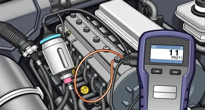A detailed illustration of an engine bay with a close-up on the fuel injector wiring harness for cylinder 11. The wiring should be clearly visible, showing the connections to the injector and the engine control unit (ECU). Include a diagnostic tool connected to the ECU, displaying a P0211 error code. The background should be slightly blurred to emphasize the engine components.
