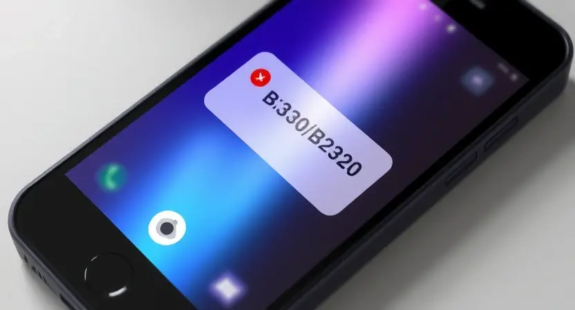 A close-up, detailed illustration of a smartphone displaying an error message related to the front camera. The phone's screen should show the error code 'B2320' and a visual representation of a camera malfunction (e.g., a blurry image, a broken lens icon). The background should be a blurred view of a modern smartphone.