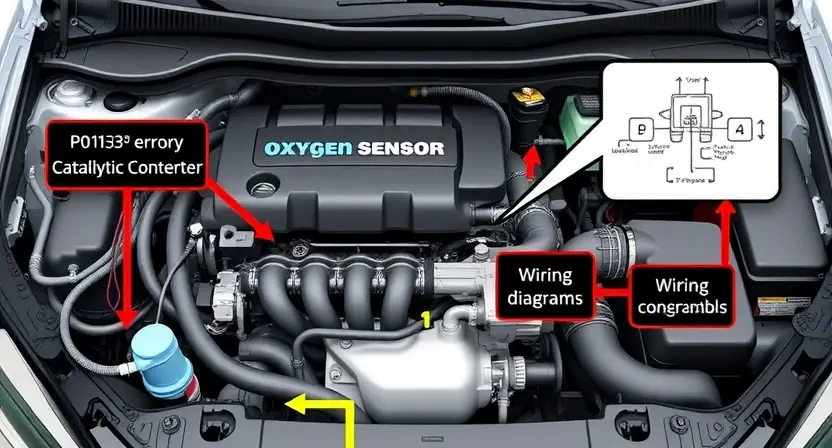 A detailed illustration of an automotive engine bay with a focus on the P0139 error code indicator light. The engine should be partially disassembled, revealing the relevant components like the oxygen sensor and the catalytic converter. Include wiring diagrams and diagnostic tools.