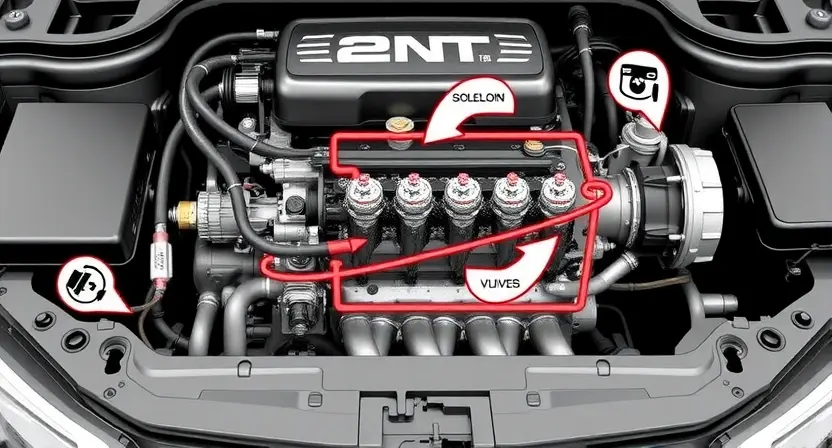 A detailed diagram illustrating a car engine with a highlighted cylinder deactivation system. Show the system's components (solenoids, valves, sensors) and their connection to the engine. Use clear labels and arrows to indicate the flow of control signals. The engine should be realistically rendered, and the diagram should be clean and easy to understand. Focus on the mechanical aspects of cylinder deactivation.