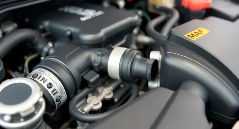 A close-up, detailed image of a car's engine bay. Focus on the mass airflow sensor (MAF sensor) and surrounding components. The engine should appear clean and well-maintained. The lighting should be bright and even, highlighting the sensor's details.