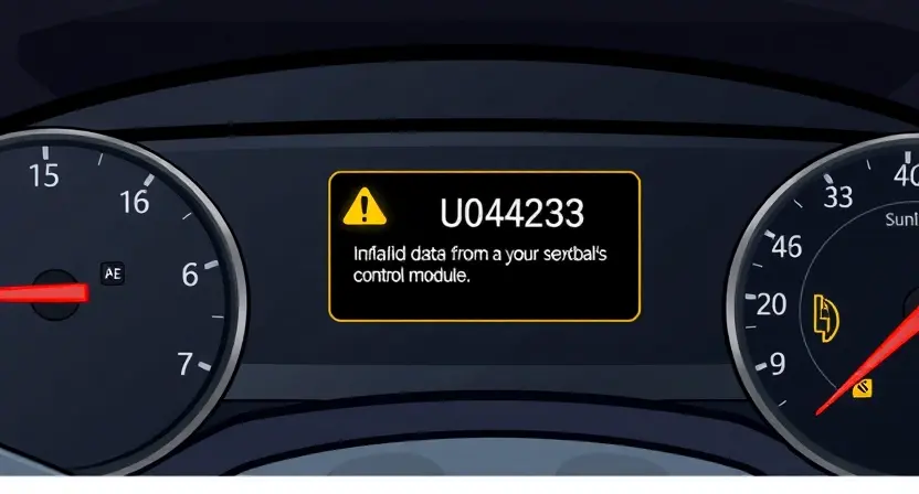 A detailed technical illustration of an automotive instrument panel displaying error code U0423, showing a warning message about invalid data from the vehicle's control module, with subtle electrical fault indicators like sparking wires or circuit board anomalies, rendered in a clean, professional style suitable for automotive repair documentation
