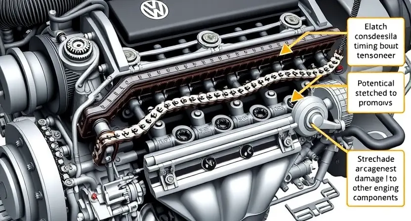 A detailed illustration of a stretched timing chain in a VAG (VW/Audi) engine. The image should clearly show the elongated chain and tensioner, highlighting the consequences of a stretched timing chain. Include visual cues indicating potential damage to other engine components.
