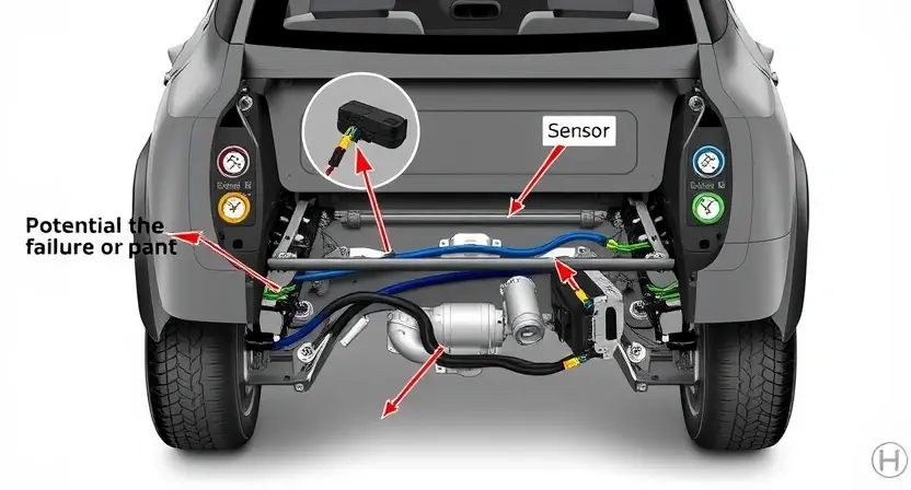 A detailed illustration of a car's rear chassis and the body position sensor wiring. Focus on the sensor itself and the surrounding wiring harness, highlighting potential points of failure. The image should clearly show the sensor's location on the vehicle's frame and the connections to the wiring. Include labels pointing to key components like the sensor, wiring, and connection points. The background should be a clean, neutral color to emphasize the technical details.