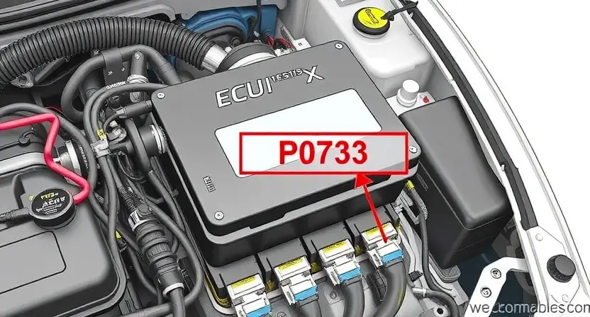 A detailed illustration of an engine control unit (ECU) with various sensors and wiring, highlighting the P0733 error code indicator. The background should be a clean, technical environment.