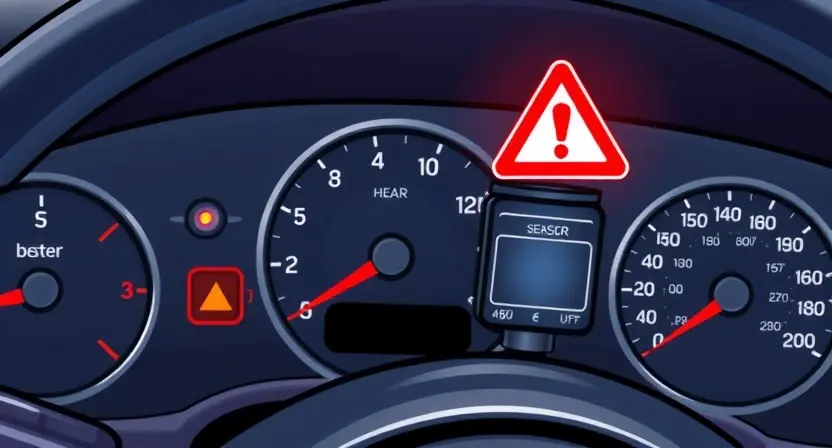 A detailed illustration of a car's dashboard with a prominent warning light indicating a coolant level sensor issue. The dashboard should show various gauges and indicators, with the coolant level warning light highlighted in red. Focus on the sensor itself, perhaps with a visual representation of a faulty connection or internal damage.