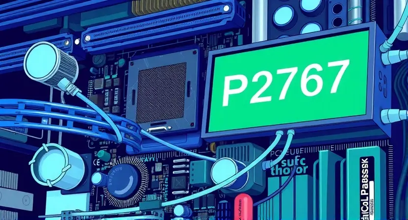 A detailed illustration depicting a computer motherboard with a highlighted P2767 error message. The motherboard should be visually complex, showcasing various components like CPU, RAM, and capacitors. The error message should be clearly visible on a screen connected to the motherboard, with a visual representation of the error code. The overall color scheme should be technical and professional, using blues, greens, and grays.