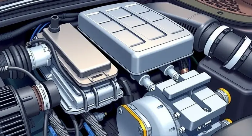 A detailed illustration of a car's engine bay, focusing on the Mass Air Flow (MAF) sensor and its associated wiring. The sensor should be clearly visible, along with the surrounding components like intake manifold and air filter housing. Highlight the wiring connections to the sensor. The image should convey a sense of technical accuracy and clarity, suitable for a repair manual or diagnostic guide. Use realistic lighting and textures to depict the metallic and plastic parts.