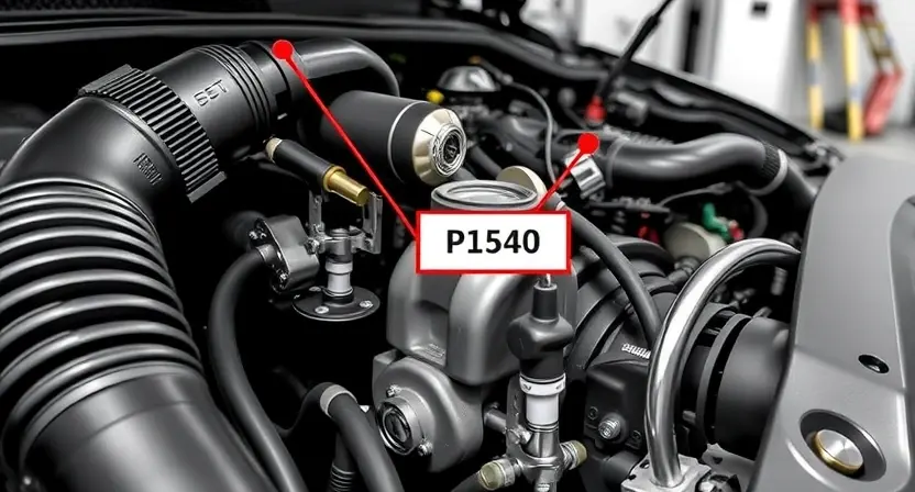 A close-up, detailed illustration of a car engine with a diagnostic code P1540 highlighted. Focus on the engine components like the camshaft position sensor and related wiring. The background should be a clean, slightly blurred garage setting.