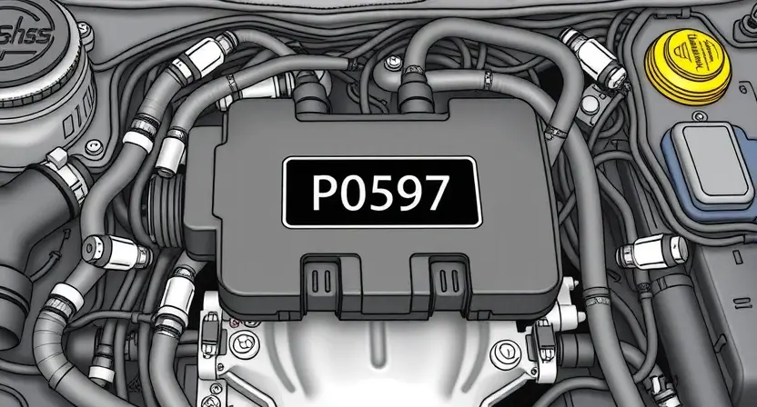 A detailed illustration of a car's engine control unit (ECU) with diagnostic trouble code P0597 highlighted. The ECU should be surrounded by various automotive components like sensors, wiring harnesses, and a dashboard. Focus on clarity and technical accuracy.