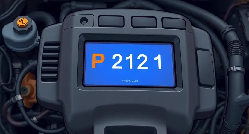 A close-up, detailed illustration of an automotive engine control unit (ECU) displaying a diagnostic error code P2121. The ECU should be surrounded by subtle, blurred representations of engine components like sensors and wiring. Focus on the error code display within the ECU's interface.