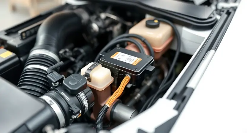 A close-up shot of a car's engine bay, focusing on the fuel pump control module. The module should be clearly visible, with wires and hoses connected. The overall lighting should be bright and clean, highlighting the components. The background should be slightly blurred to emphasize the module.