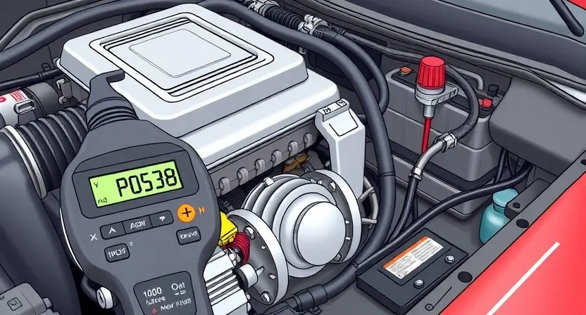 A detailed illustration of a car's engine bay with a diagnostic code reader displaying 'P0538'. The engine should be partially visible, showcasing various components like the alternator, battery, and wiring. Focus on clarity and technical accuracy.