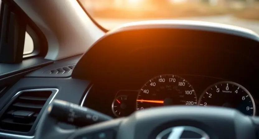 A close-up shot of a car dashboard displaying a warning light. The dashboard should be clean and modern, with a focus on the warning light itself. The car's interior should be subtly visible but not distracting. The overall lighting should be realistic and highlight the warning light's color (e.g., yellow or orange).