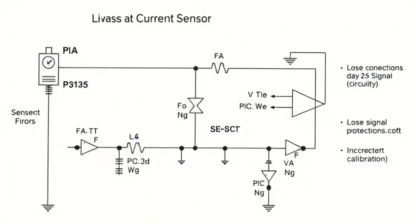 A detailed schematic diagram of a current sensor circuit, highlighting potential points of failure. Include visual representations of the sensor, signal processing circuitry, and possible causes of P3125 errors (e.g., loose connections, damaged components, incorrect calibration). The diagram should be clean, well-labeled, and visually informative.