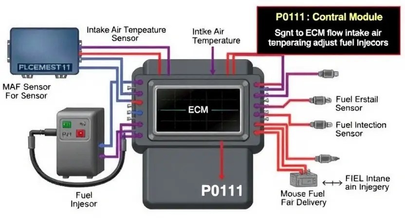 A detailed diagram illustrating the ECM (Engine Control Module) and its connection to various sensors (e.g., MAF sensor, intake air temperature sensor) and actuators (e.g., fuel injectors). The diagram should highlight the data flow and the process of how the ECM monitors intake air temperature and adjusts fuel delivery. Focus on the internal workings of the ECM and the relationship between the sensors and actuators in relation to the P0111 error code.