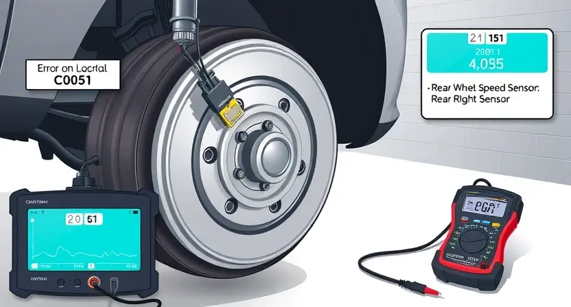 A detailed technical illustration of a rear right wheel speed sensor on a vehicle, showing its location near the wheel hub, wiring harness, and connection to the ABS control module, with diagnostic tools like a multimeter and oscilloscope nearby displaying error code C0051, in a clean automotive workshop setting with soft directional lighting, no text or labels on the image
