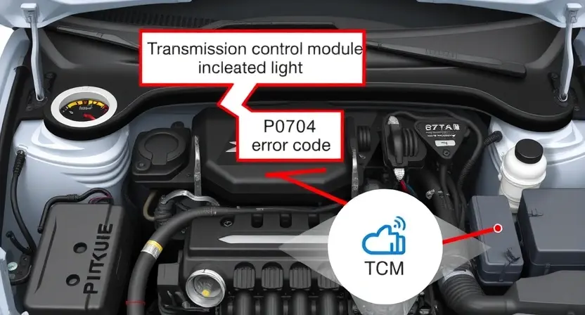 A detailed illustration of a car's engine bay, highlighting the P0704 error code indicator light. Focus on the dashboard and the diagnostic light. Include relevant car parts like the transmission control module (TCM) and related wiring.