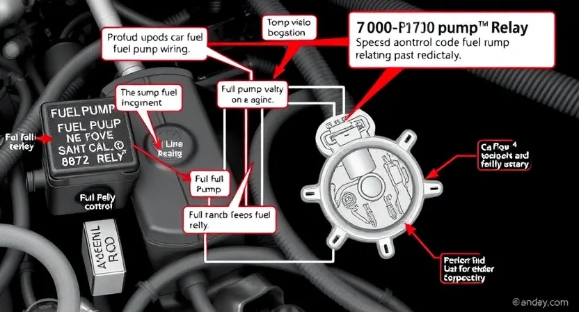 A detailed diagram of a car's fuel system, specifically highlighting the fuel pump relay control circuit. Show the relay, wiring connections, and the fuel pump itself. Use clear, technical illustrations to depict the circuit and potential points of failure. Focus on the components related to the P1200 error code.