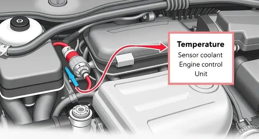 A detailed illustration of a car engine with a focus on the coolant temperature sensor and its connection to the engine control unit (ECU). The image should clearly show the sensor's location, wiring, and the surrounding engine components. The overall aesthetic should be clean and informative, suitable for a technical guide.