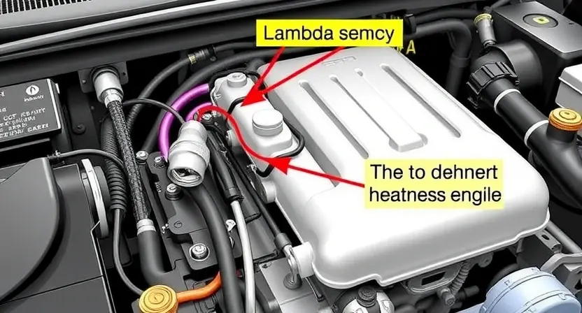 A detailed illustration of an automotive engine bay, focusing on the lambda sensor and its wiring. The image should clearly show the sensor, its connections, and the wiring harness. Include a visual representation of the heater element if applicable. The background should be slightly blurred to emphasize the engine components.