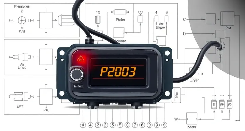 A technical illustration showing a car engine control unit with a warning light indicating error code P2003, surrounded by schematic diagrams of sensors and wiring, clean technical background, high detail, no text or numbers on the image