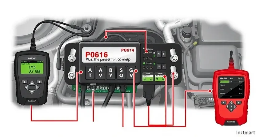 A detailed illustration of a car's engine control unit (ECU) with various diagnostic tools connected, highlighting the P0616 error code. Include visual representations of the relevant sensors and wiring. Focus on clarity and technical accuracy.