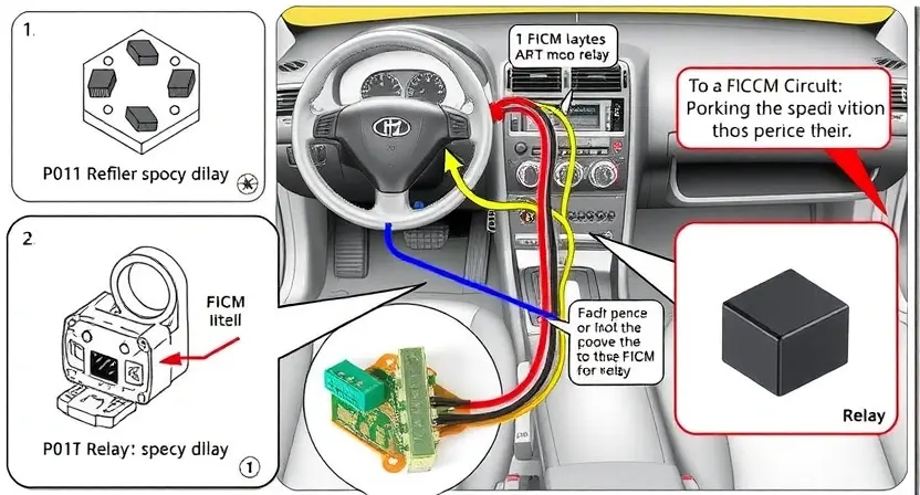 A detailed illustration of a car's electrical system, specifically highlighting the FICM relay circuit. Include wiring diagrams, the FICM unit itself, and a visual representation of the relay. The image should clearly show the components and connections related to the P0612 error code.