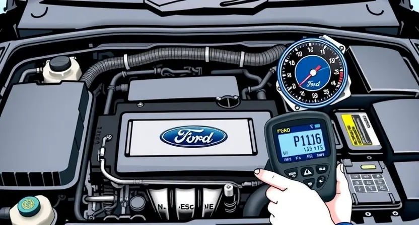 A detailed illustration of a Ford vehicle's engine bay, highlighting the P1116 error code displayed on the dashboard. A mechanic is shown using a diagnostic tool to read the error code. Focus on the engine components and the dashboard display.